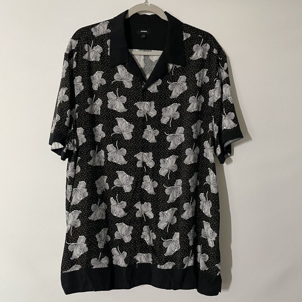 Express Men's Button Front Floral Rayon Black White Blouse Size XL